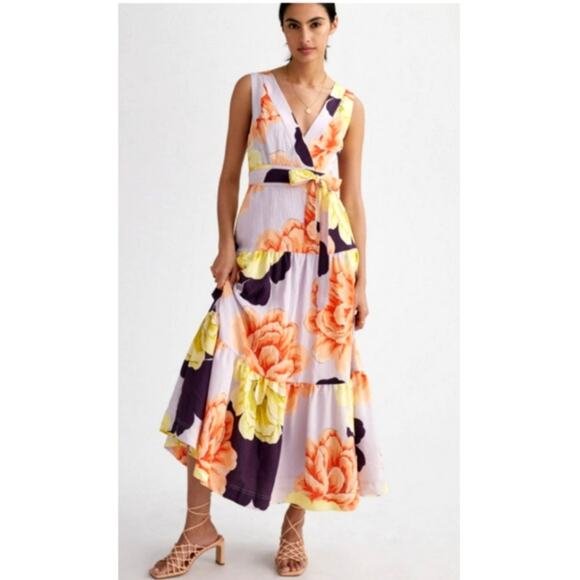 NWT Anthropologie Maeve Floral Maxi Dress Size 12 Purple Orange Yellow Tiered